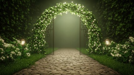 Digital wedding backdrop featuring a romantic garden gate with a lush floral archway and a misty pathway