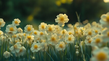 Obraz premium Golden hour light illuminates a field of delicate white flowers.