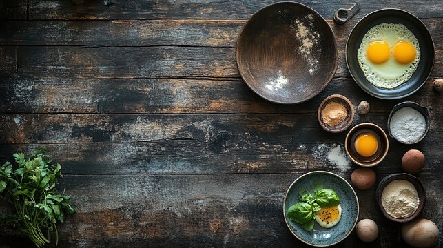 A stylish flat lay of gourmet breakfast items on a rustic wooden table, appetizing and detailed