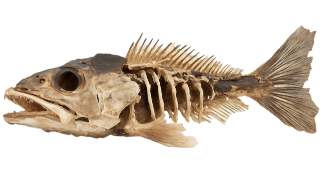 Fish skeleton, profile view, museum specimen, educational resource