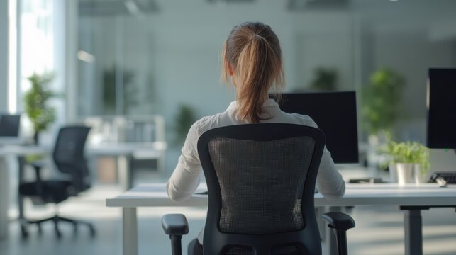 Chronic back pain management through proper posture in a quiet office. Featuring ergonomic tools and alignment tips