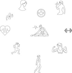 Fitness and Wellness Line Icons – Yoga, Strength Training, Cardio, and Health Symbols with Transparent Background for Modern Designs and Branding