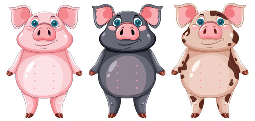 Three Cartoon Pigs in Different Colors