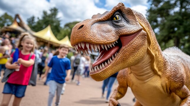 Fototapeta Playful Dinosaur Model with Children at Outdoor Event in Park