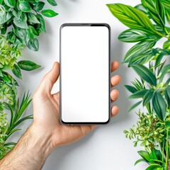Showcasing a smartphone surrounded by lush greenery indoor setting product photography minimalist aesthetic