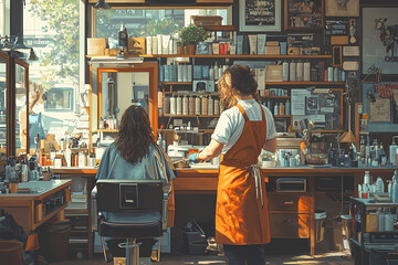 A hairdresser in an apron cuts hair in a salon with styling tools, while a customer looks on. Flat vector design, minimalistic style.