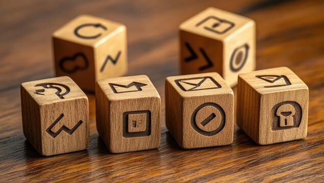 Wooden blocks with digital icons on a wooden surface - Powered by Adobe