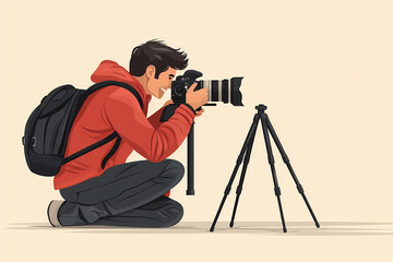 A minimalist flat vector illustration of a photographer at a wedding, capturing a moment with a camera and tripod.