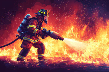 A flat vector illustration of a firefighter extinguishing a blazing fire, wearing protective gear. Bold colors, clean lines, dynamic composition.