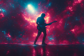 Naklejka premium A vibrant flat vector illustration of a guitarist on stage under a spotlight, with dynamic movement and energy.