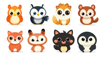 Fototapeta premium Cute cartoon animals. Collection of adorable, stylized forest animals. Includes owl, penguin, squirrel, fox, and more. Perfect for children's books, cards, or other kid-friendly designs..