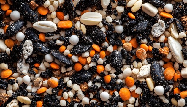 A colorful mix of birdseed and various edible components