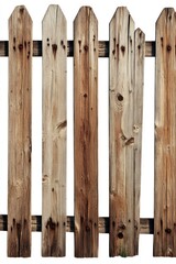 Aged wooden picket fence isolated on white background
