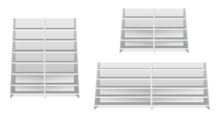 Set of Realistic Retail Store Display Shelving Units isolated on white  