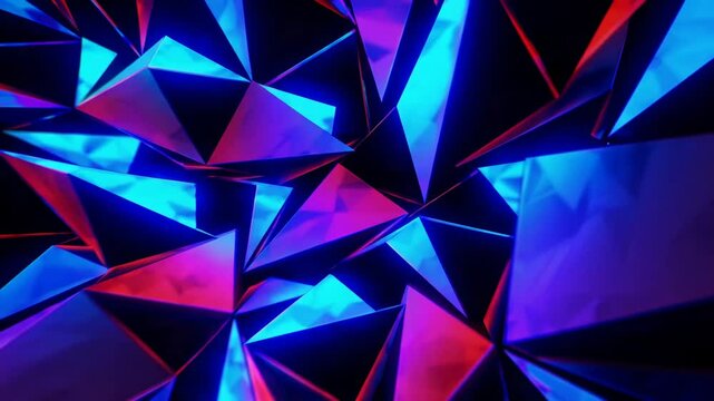 Geometric abstract background with vibrant pink and blue triangular reflections, futuristic digital pattern. Modern art and technology concept