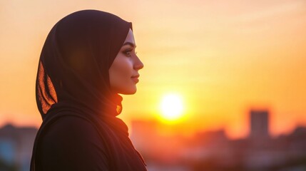 Profile of Woman in Hijab Against Beautiful Sunset Sky Background