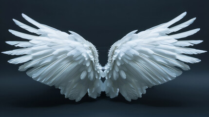 Fototapeta premium A pair of white angel wings spread out, front view, isolated on a pure background, in a super realistic style.