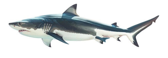 Fototapeta premium Side view full body of a shark isolated on a transparent background, in a cute cartoon animal style with bright colors.