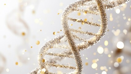 Golden DNA helix swirling with particles in a light background