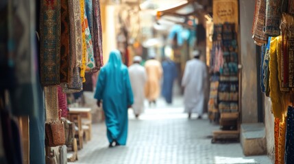 Obraz premium Scenic Narrow Street of Traditional Market with Colorful Textiles