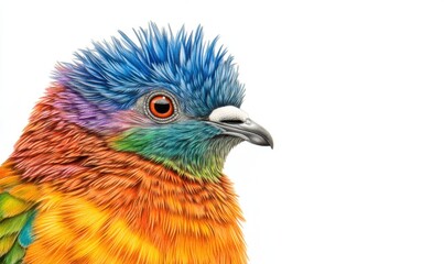 Vividly colored bird portrait showcasing vibrant feathers and striking features against a white background