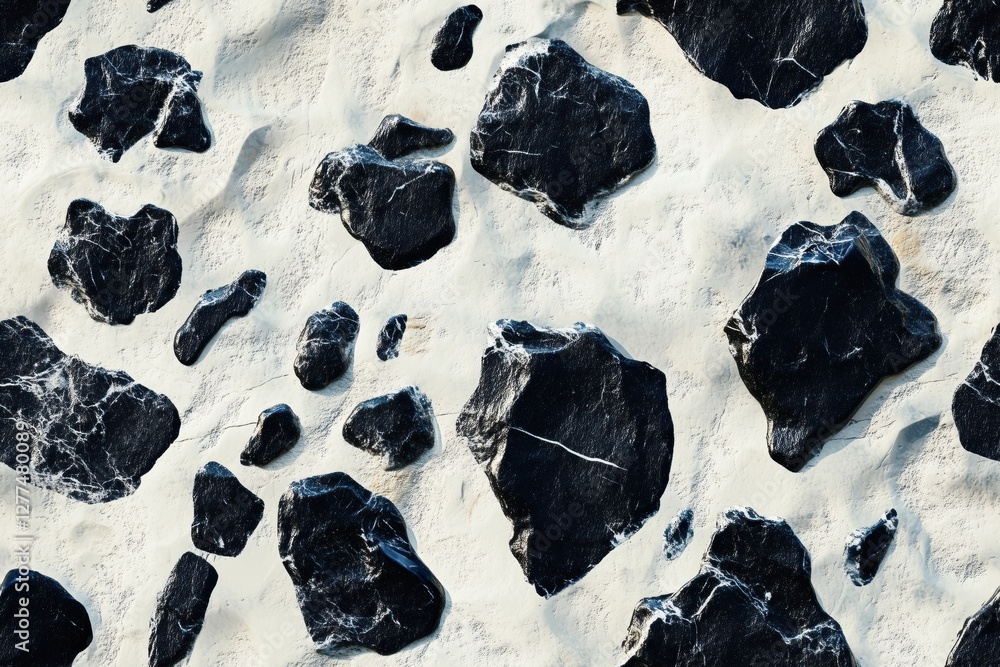 Poster seamless dalmatian jasper aerial view of black rocks scattered on a white sandy surface, creating a 