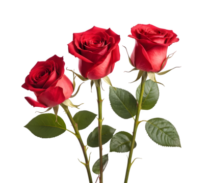 Red Roses with long stems isolated against a white background with a white background