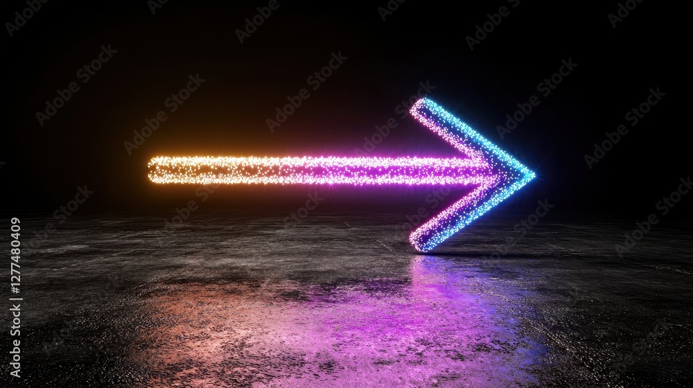 Poster a vivid neon arrow pointing right against a dark background, creating a striking visual effect with 