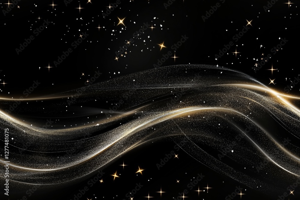 Poster a mesmerizing abstract background featuring flowing golden waves against a black backdrop, sprinkled
