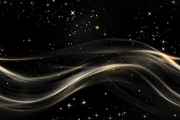 Fototapeta premium A mesmerizing abstract background featuring flowing golden waves against a black backdrop, sprinkled with shimmering stars and a sense of depth.