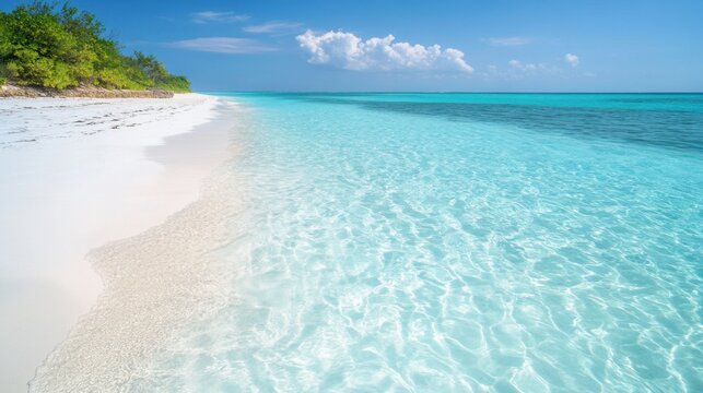 Video generation of a tropical beach with clear turquoise waters and white sand. Featuring paradise and relaxation