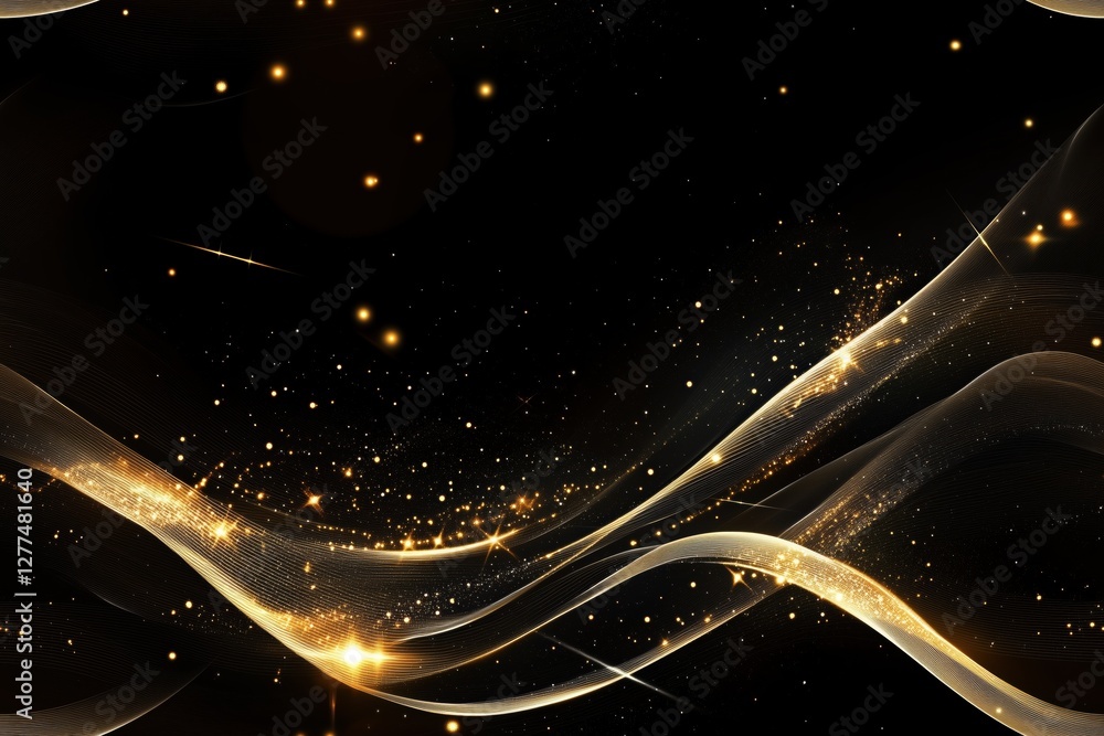Poster a mesmerizing abstract background featuring flowing golden waves and sparkling stars against a deep 