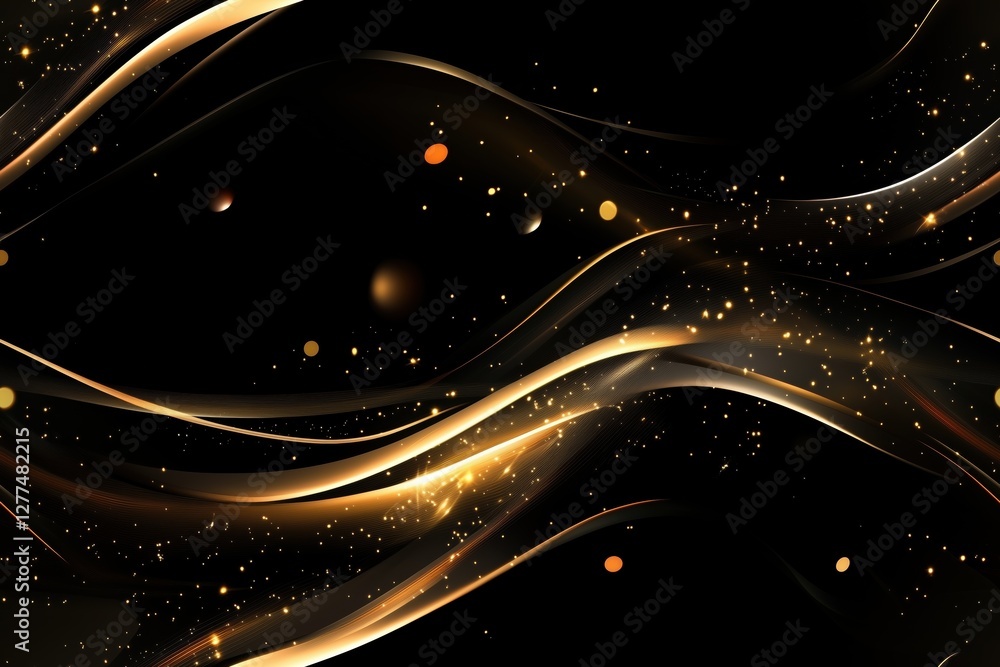 Poster an abstract background featuring flowing golden waves and sparkling particles against a black backdr