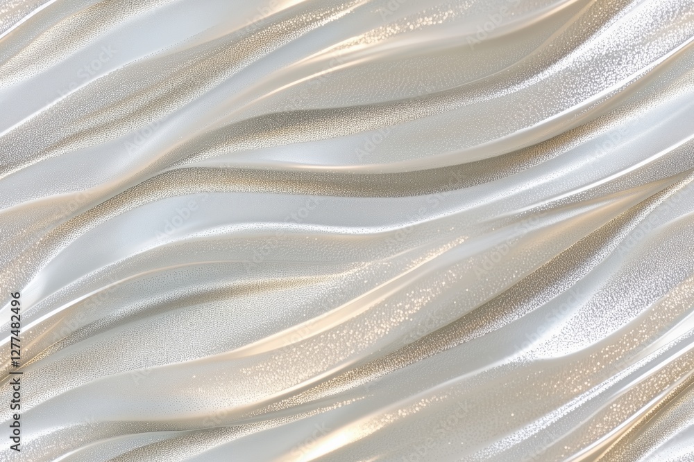 Poster a close-up view of a textured surface with flowing, wavy patterns in soft shades of white and gold. 