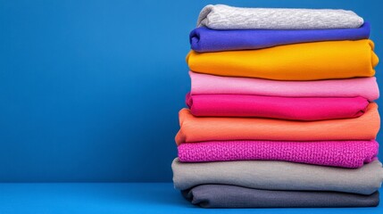 Colorful Stacked Sweaters on Blue Background for Fashion Display