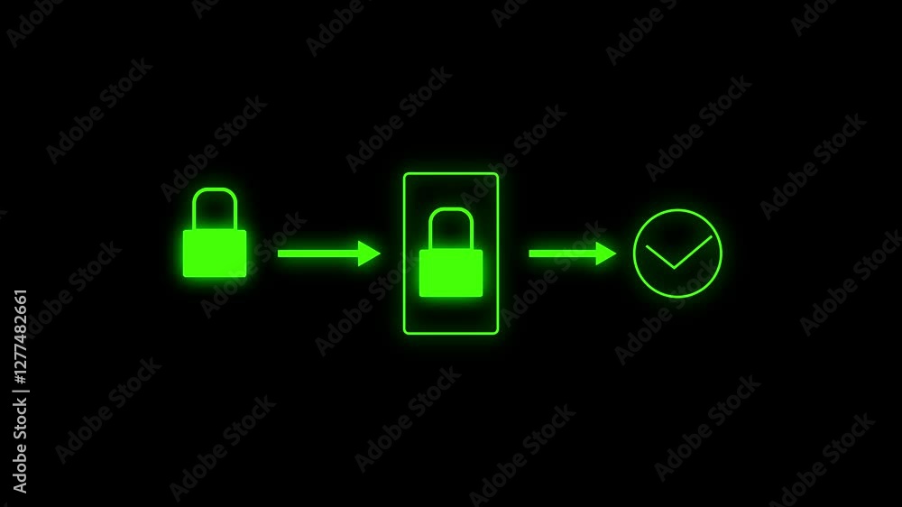 Poster neon tow multi factor, two steps authentication icon animation on black background.