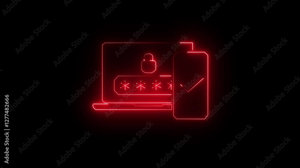 Poster neon line multi factor, two steps authentication icon isolated on black background.