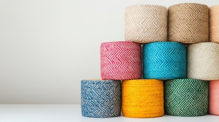Colorful woven storage baskets stacked on a wooden surface