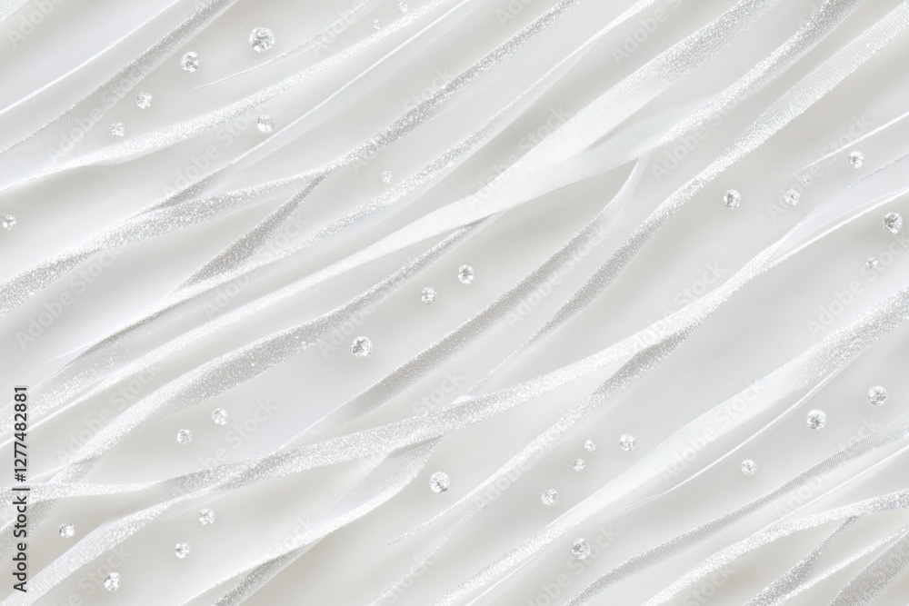 Poster a close-up view of elegant white satin fabric with flowing waves and scattered sparkling beads, crea