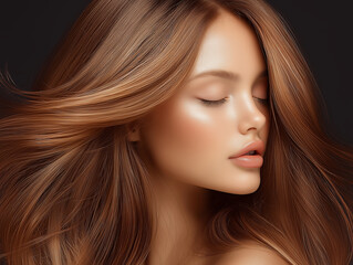 Naklejka premium Beautiful woman with long brown hair flowing in the wind