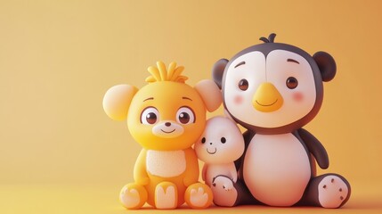 Naklejka premium Cute cartoon animals, a dog, penguin, and a baby animal, sitting together on an orange background.
