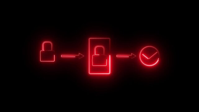 Neon Tow Multi factor, two steps authentication icon animation on black background.