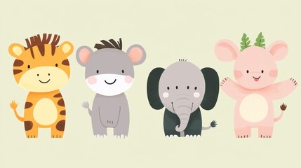 Naklejka premium Cute cartoon animals, a giraffe, a rhino, an elephant, and a piglet in a playful, stylized illustration.