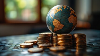 A globe resting on a stack of coins, symbolizing global finance and investment opportunities