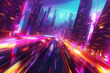 Fototapeta premium Abstract background with colorful light streaks and city skyline representing digital technology.