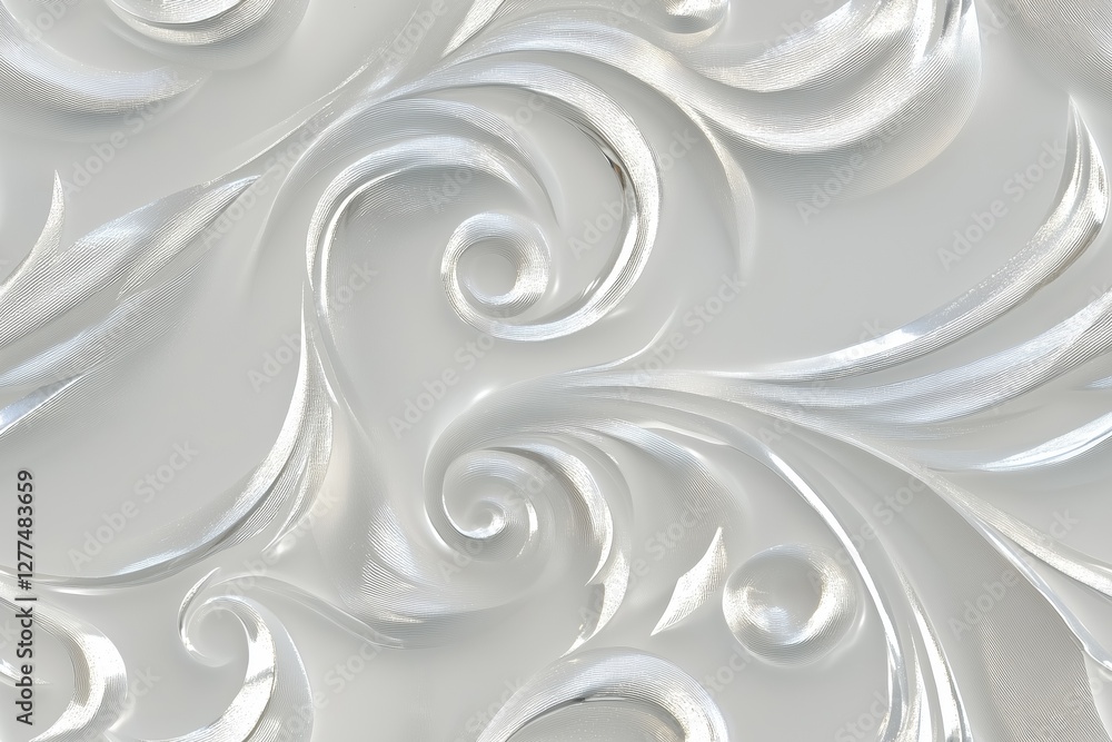 Poster a close-up view of a textured surface featuring swirling patterns in a glossy, silver-like finish. t