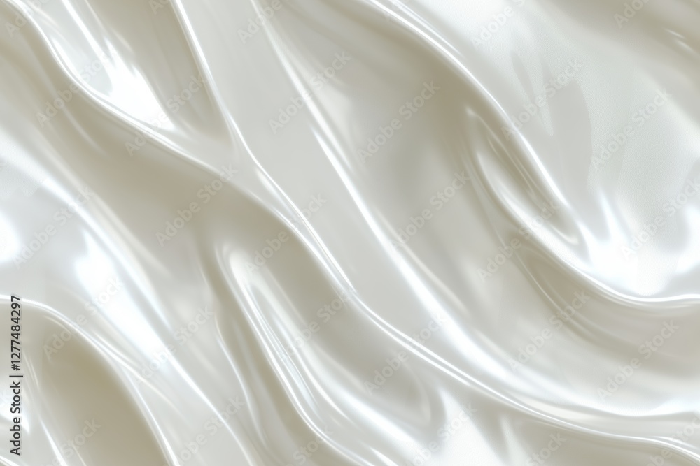 Poster a close-up view of smooth, flowing white satin fabric with soft waves and a glossy finish, creating 