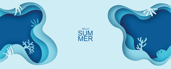 Paper underwater sea cave with coral reef, seabed in algae, waves and hello summer text. Undersea. paper cut and craft style. vector, illustration.