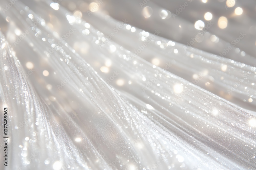 Poster a close-up of flowing white fabric with sparkling glitter and soft bokeh lights, creating a dreamy a