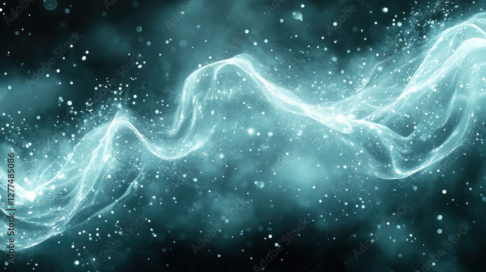 Poster ethereal blue and white wave-like patterns with shimmering particles in a dark backdrop